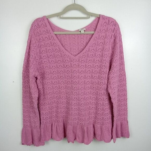 J. Jill Women's Boho Crochet Knit Top Size XL Pink Ruffle Bell Sleeve Cotton - Picture 2 of 8